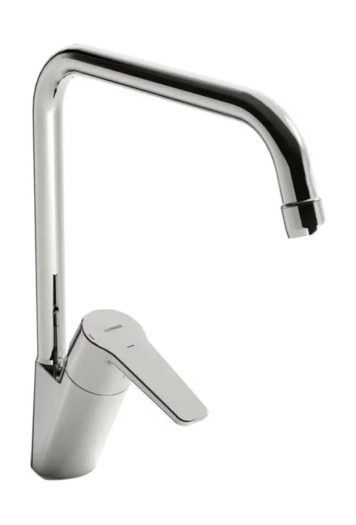 Ein moderner, glänzender Wasserhahn mit einer geraden Auslauföffnung und einem rechteckigen Hebel, geeignet für die Standmontage.